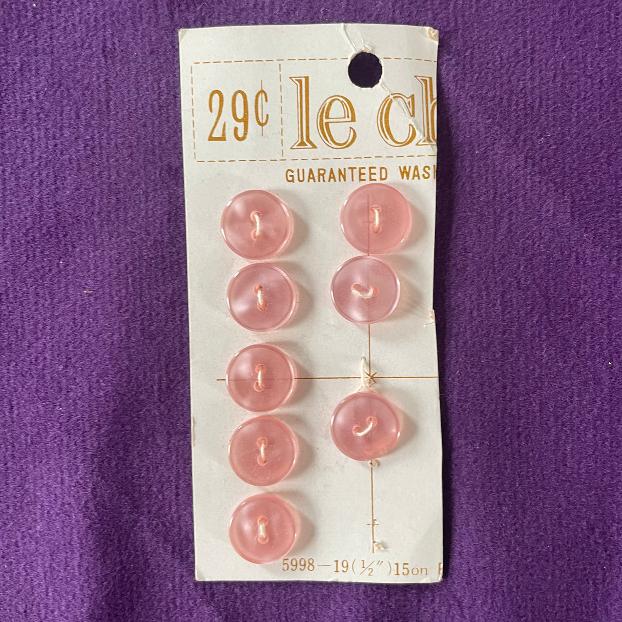 1970’s Le Chic Plastic Buttons - Pink - Set of 8 - Size 19 - 1/2" -  on card