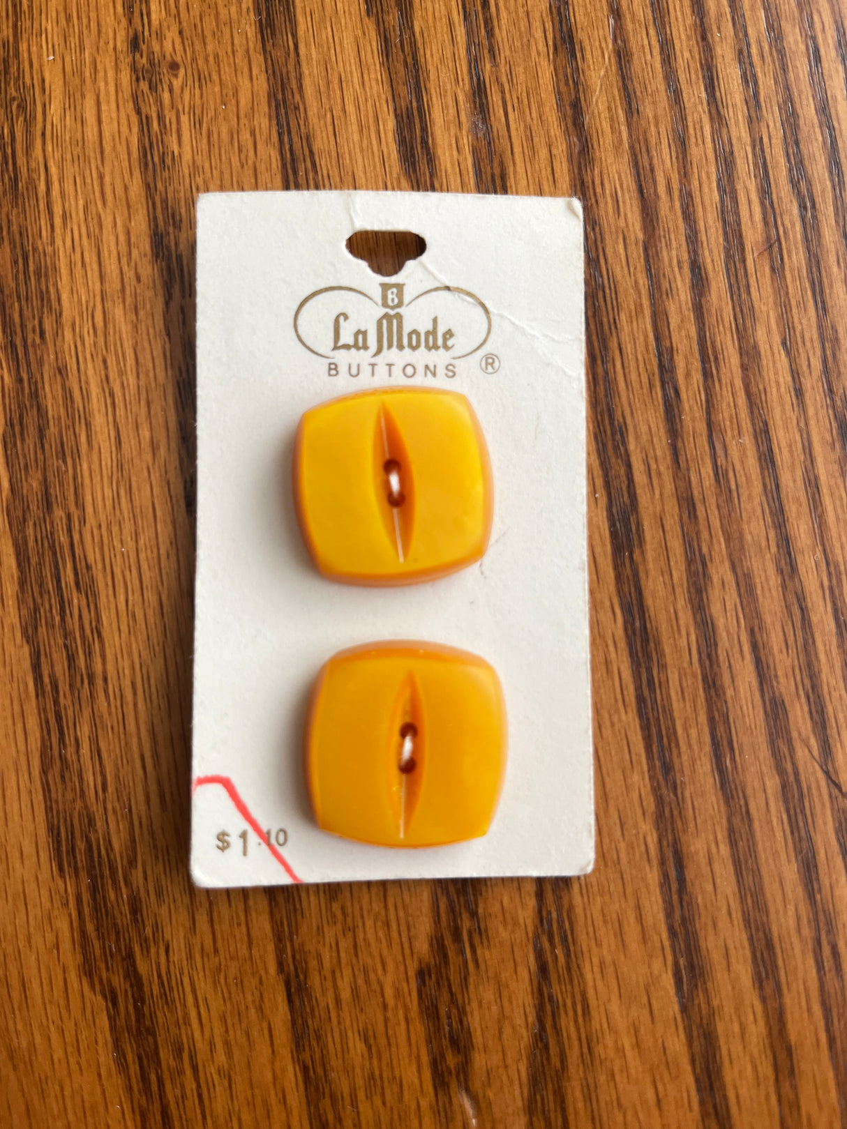 1960’s La Mode Golden Yellow Carved Square Plastic Buttons - set of 2 - on card