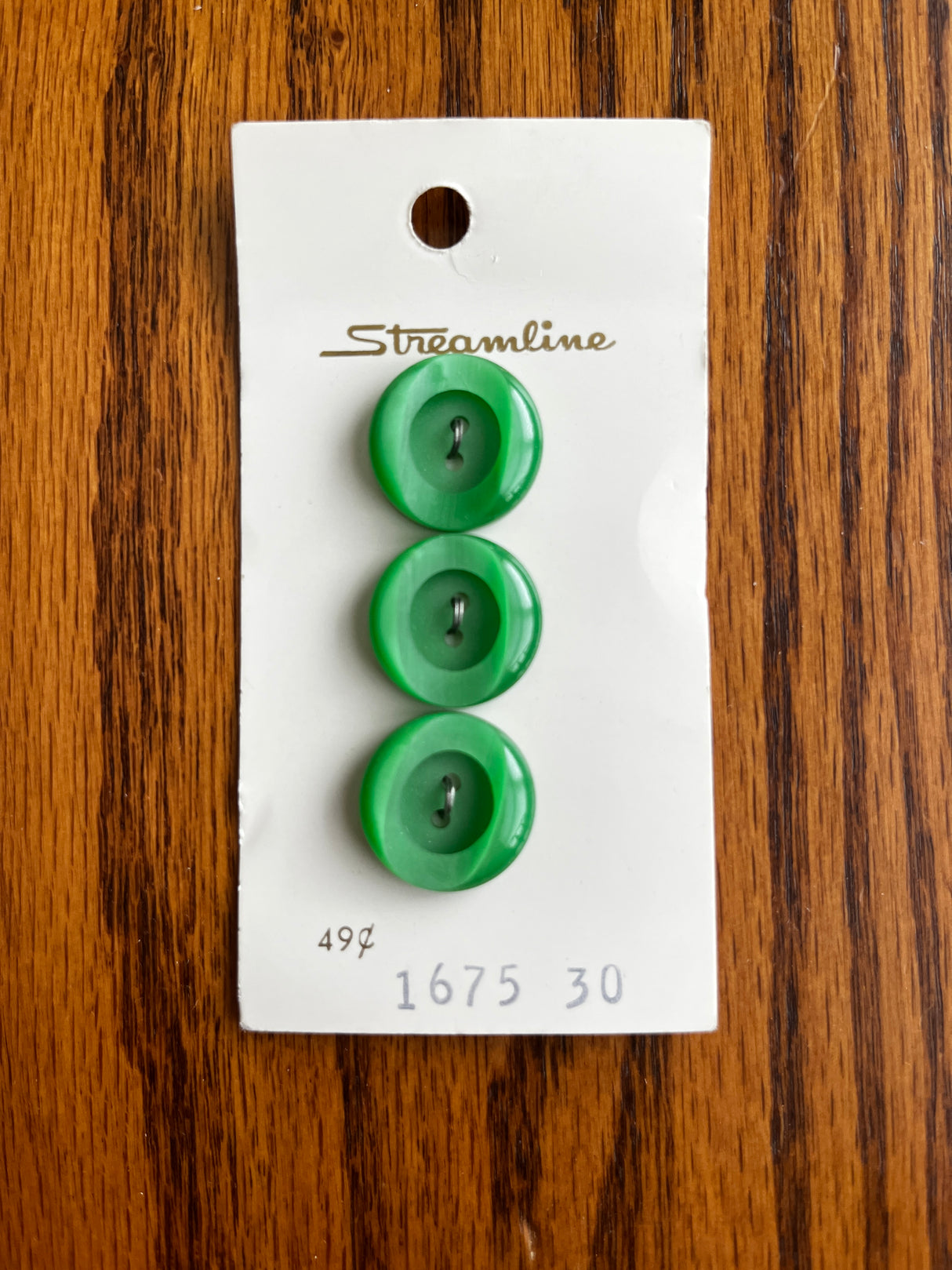 1970’s Streamline Green Carved Plastic Buttons - set of 3 - on card