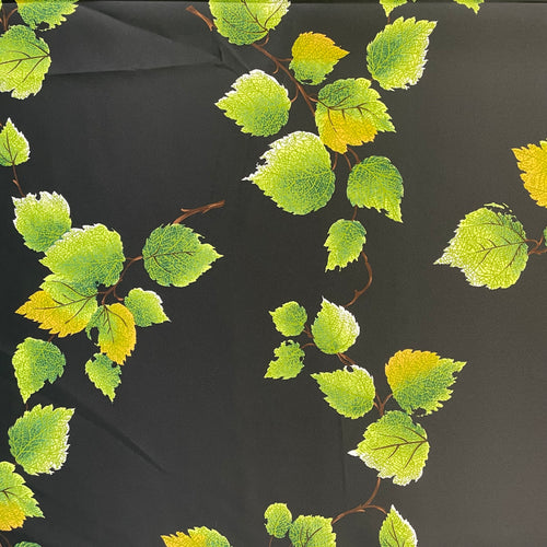 1970’s Green Leaf Print on Black Polyester Satin Fabric - BTY