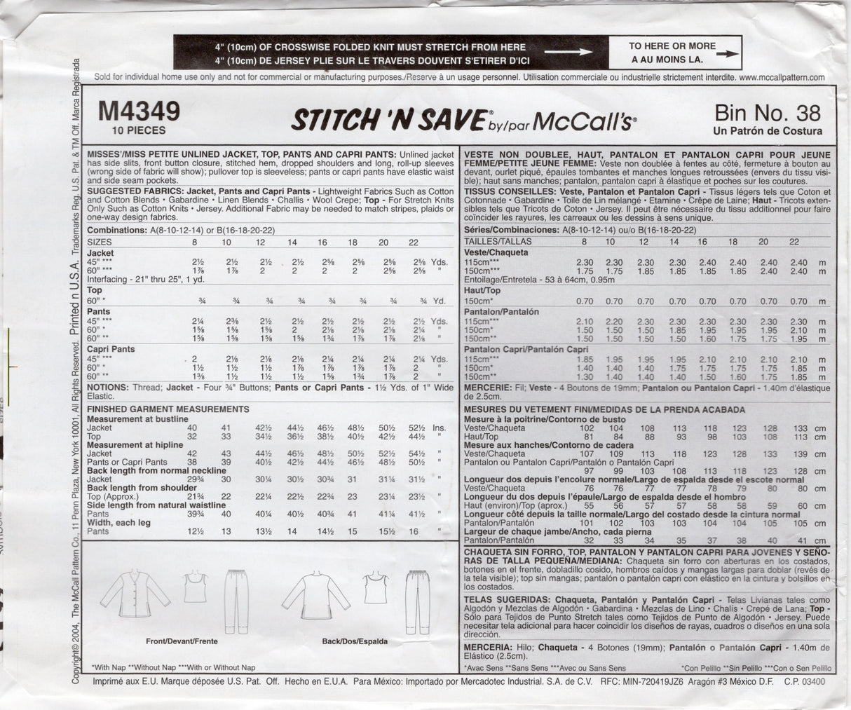 2000's McCall's Unlined Jacket, Tops, and Pull-On Pants Pattern - Bust 31.5-36" - No. M4349