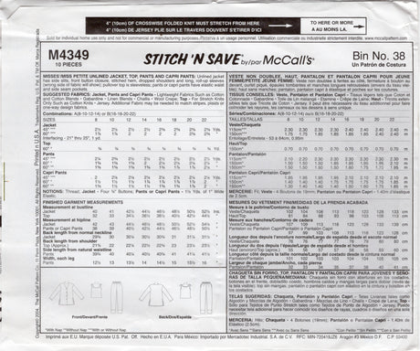 2000's McCall's Unlined Jacket, Tops, and Pull-On Pants Pattern - Bust 31.5-36" - No. M4349