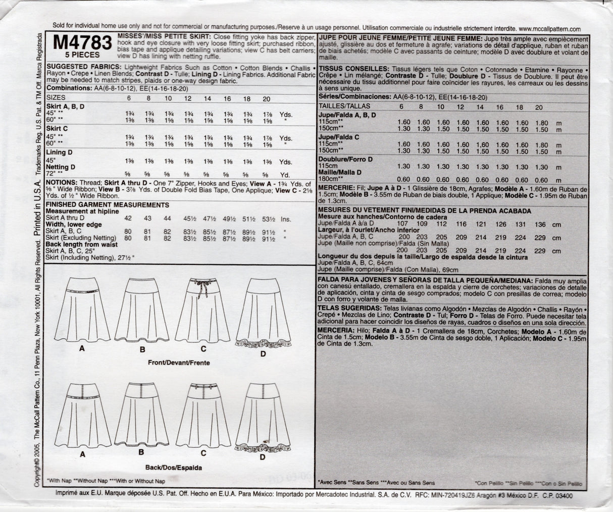 2000's McCall's Yoked Flared Skirt Pattern - Waist 28-34" - No. M4783