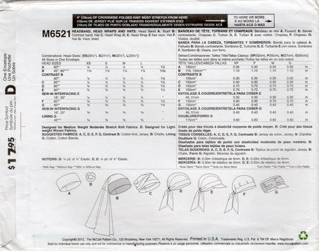 2010's McCall's Hats, Wraps and Headband Pattern - Head size 20.5-23.5" - No. M6521