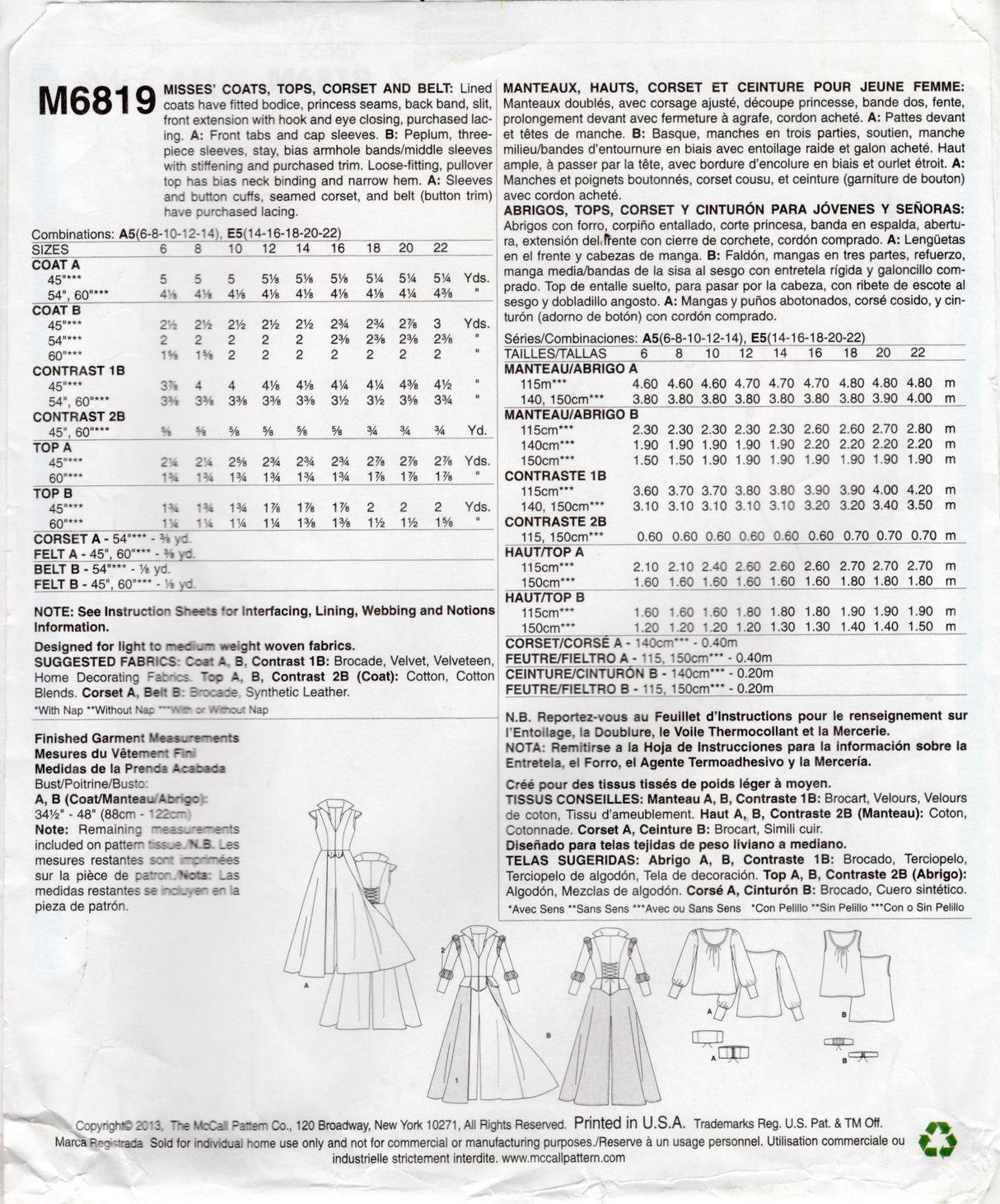 2010's McCall's Cut Away Jacket, Pants and Blouse Costume Pattern - Bust 30.5-36" - No. M6819