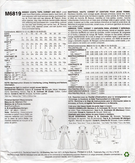 2010's McCall's Cut Away Jacket, Pants and Blouse Costume Pattern - Bust 30.5-36" - No. M6819