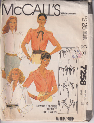 1980's McCall's Pullover Blouse Wear it Four Ways - Bust 38