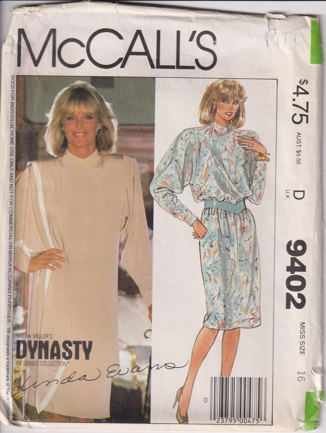 1980's McCall's Linda Evans DYNASTY Dress, Tunic, Skirt and Shawl pattern - Bust 34