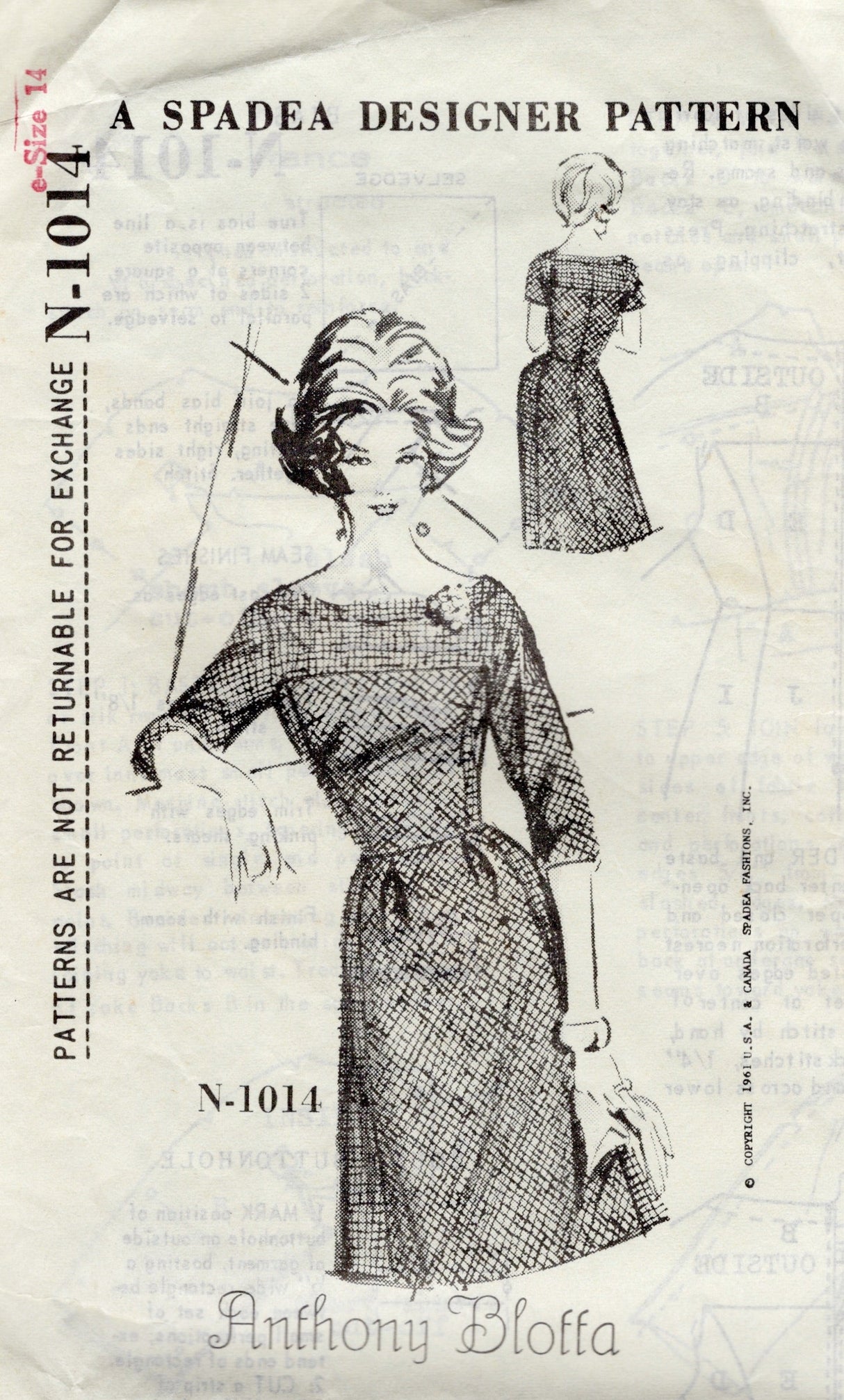 1960's Spadea One Piece Dress with Yoked Sleeve Pattern - Bust 36.5" - No. N-1014