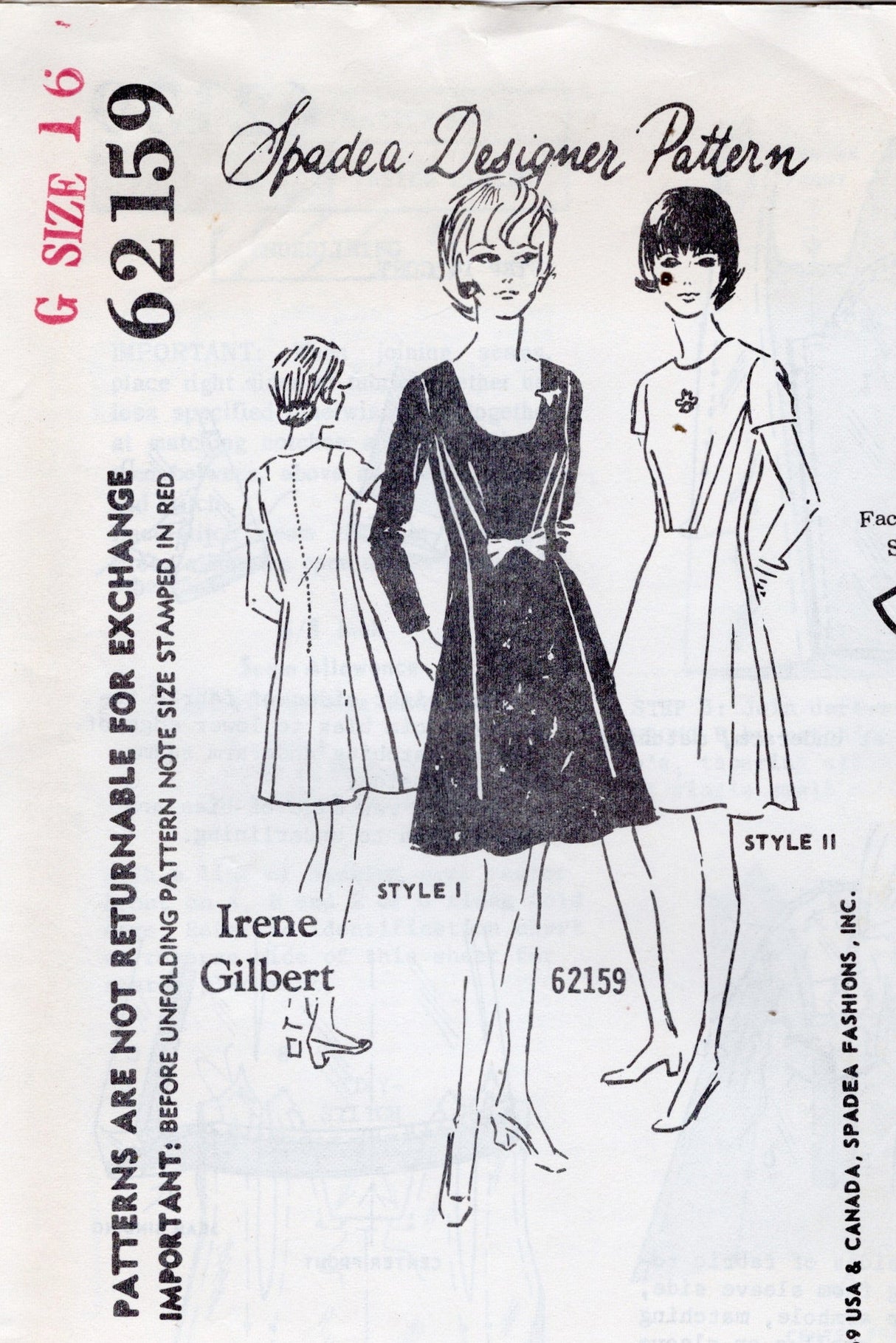 1960's Spadea One Piece Dress with Princess Shaping Pattern - Bust 38" - No. 62159