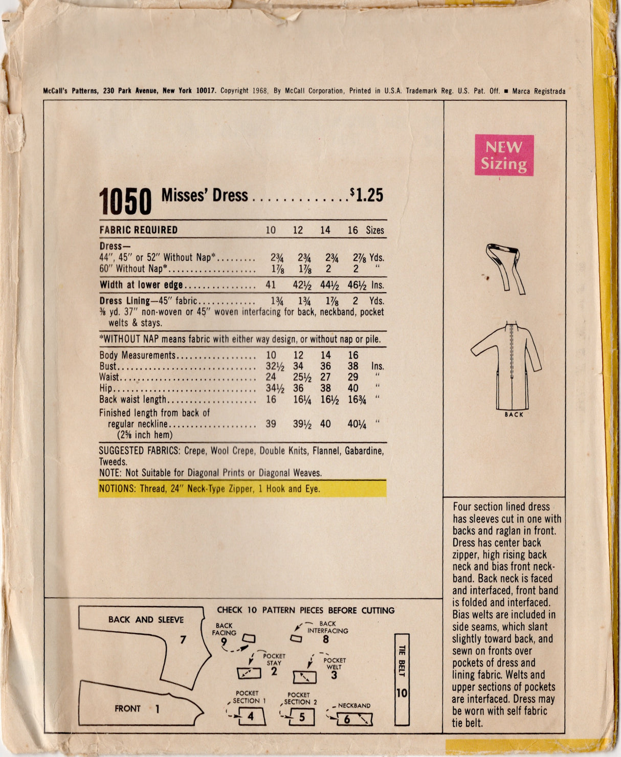1960's McCall's New York Designer Tunic Dress with Stand Collar - Pauline Trigère - Bust 38" - No. N/1050