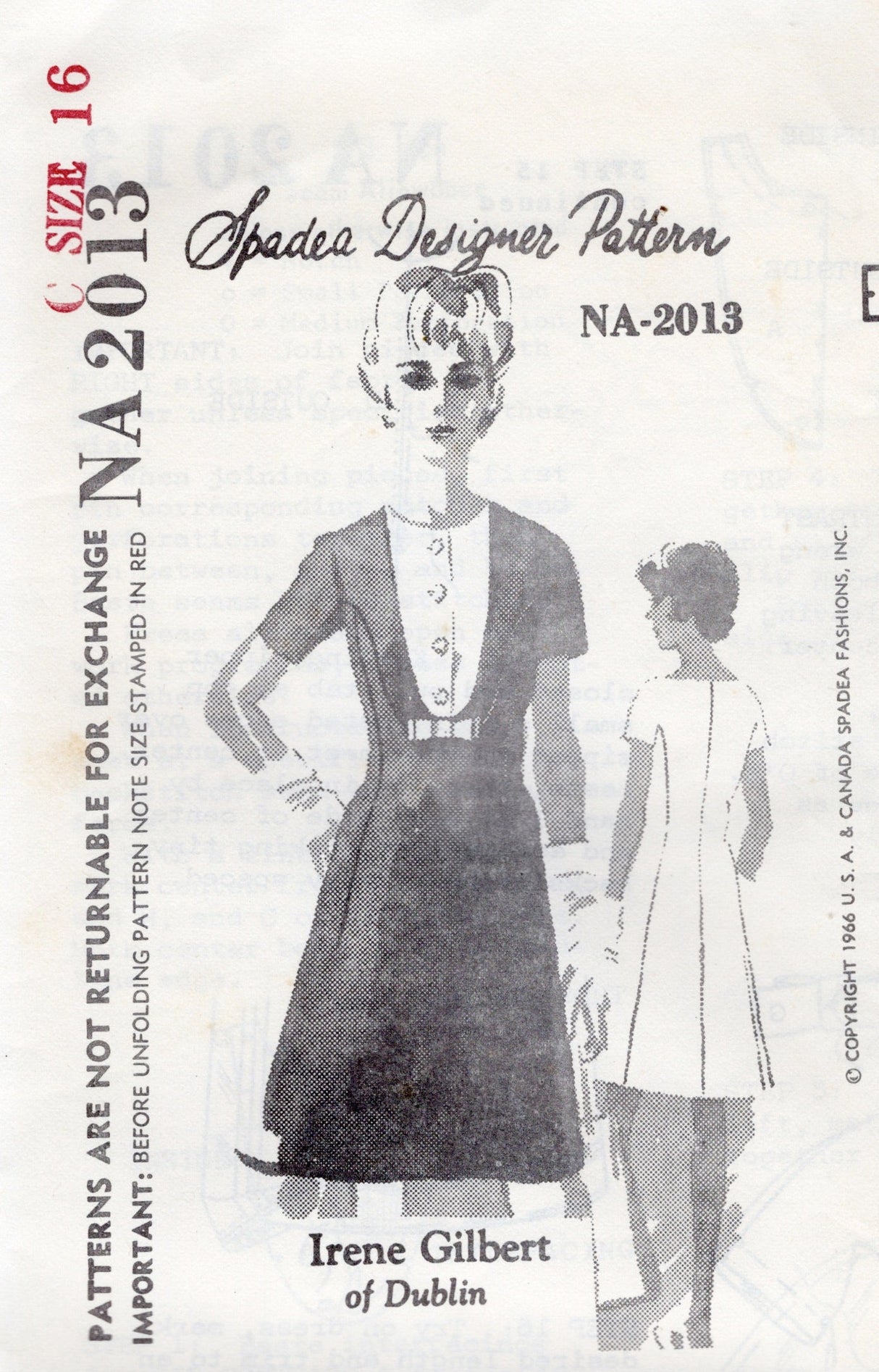 1960's Spadea One Piece Dress with Bib Front Style Pattern - Bust 38" - No. NA-2013