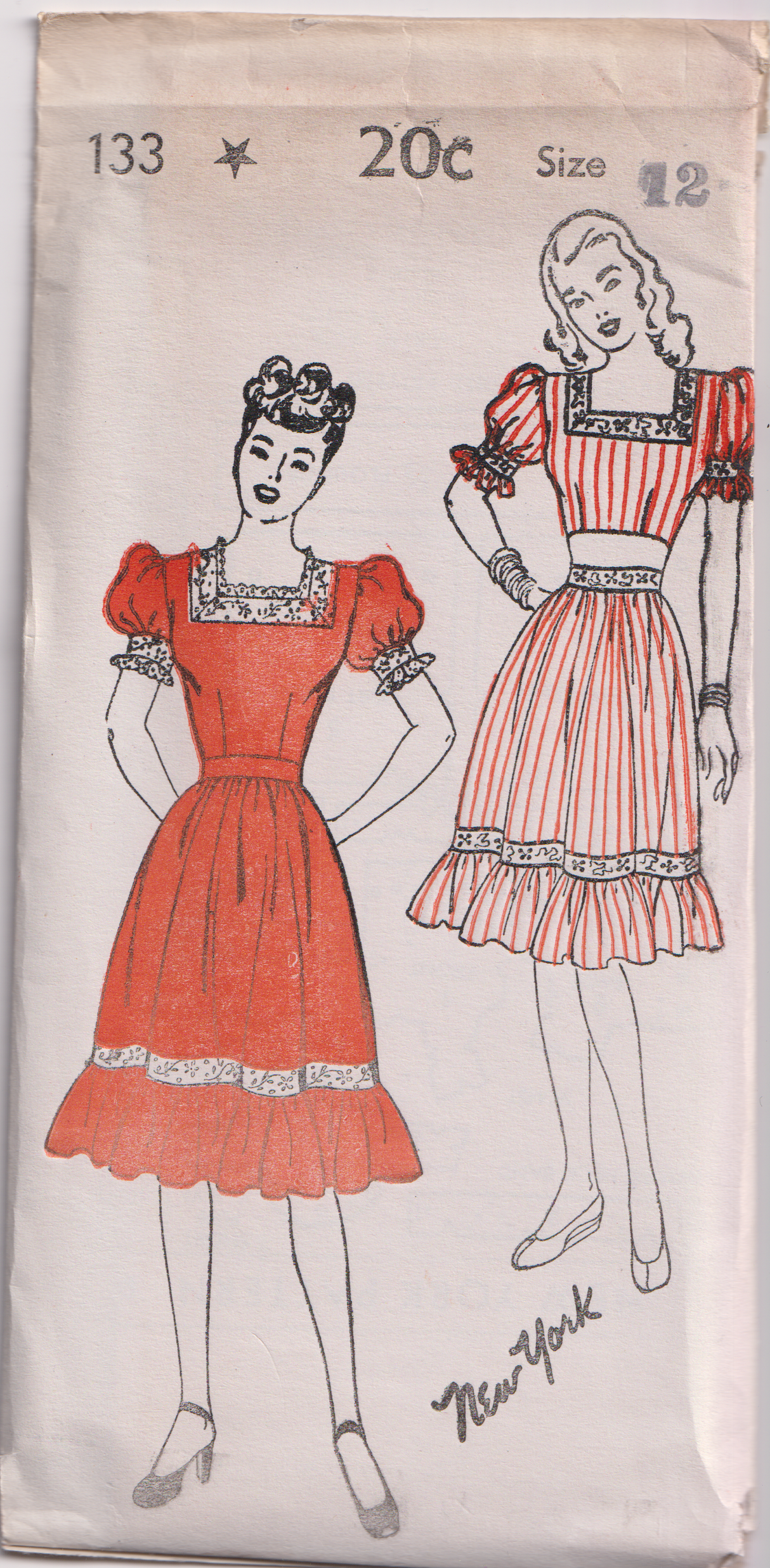 1940's New York One Piece Dress or Crop Top and Gathered Skirt Pattern with Puff Sleeves - Bust 30" - No. 133