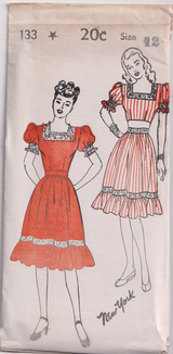 1940's New York One Piece Dress or Crop Top and Gathered Skirt Pattern with Puff Sleeves - Bust 30-34" - No. 133