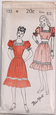 1940's New York One Piece Dress or Crop Top and Gathered Skirt Pattern with Puff Sleeves - Bust 30-34