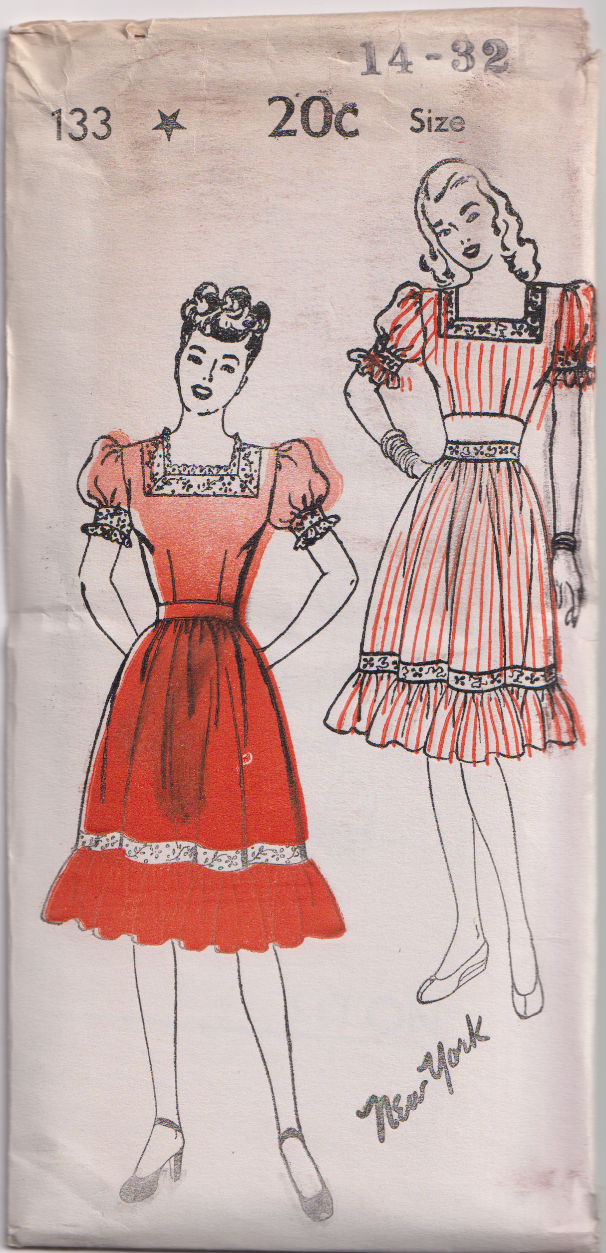 1940's New York One Piece Dress or Crop Top and Gathered Skirt Pattern with Puff Sleeves - Bust 30-34" - No. 133