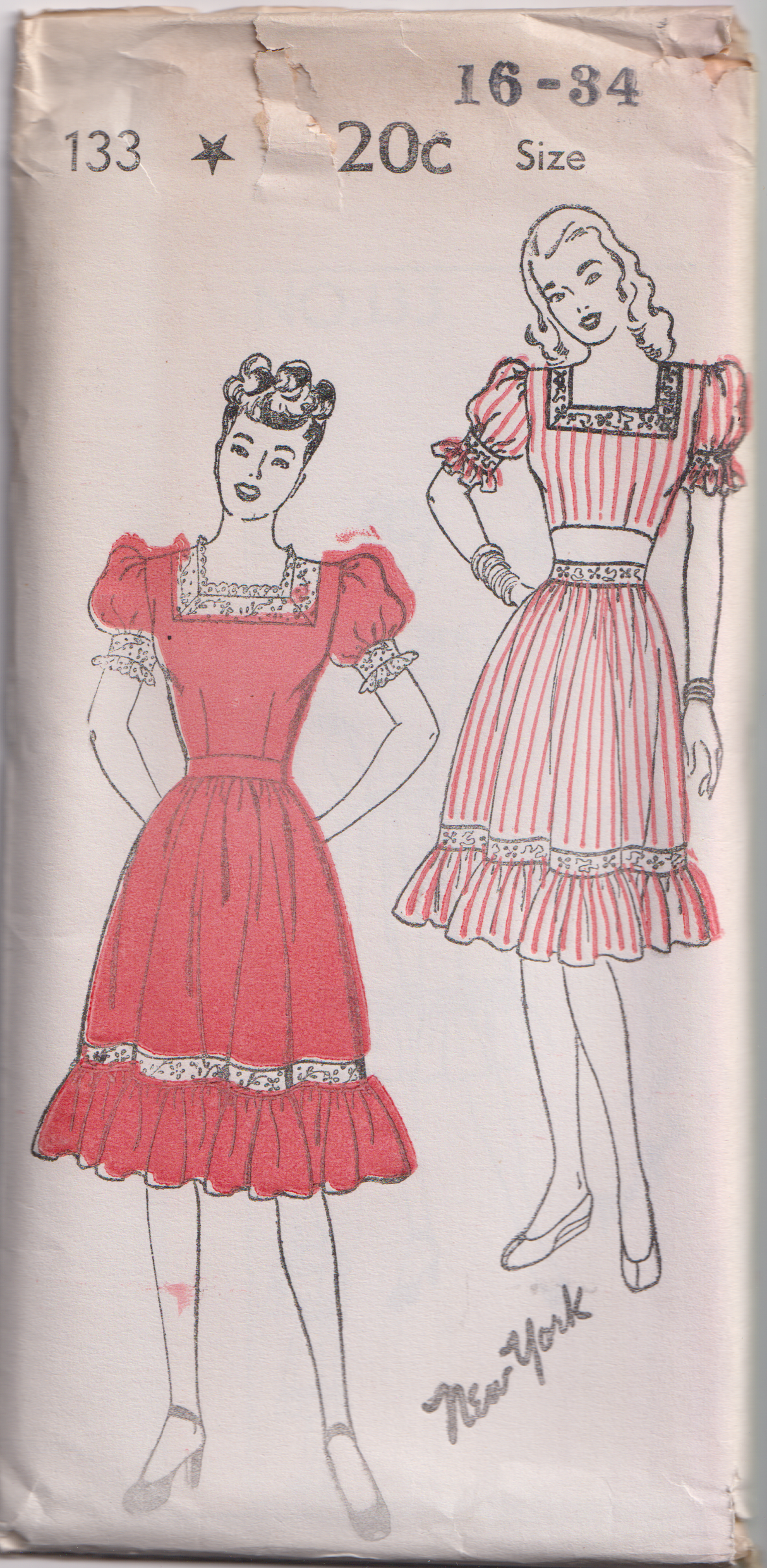 1940's New York One Piece Dress or Crop Top and Gathered Skirt Pattern with Puff Sleeves - Bust 30-34" - No. 133