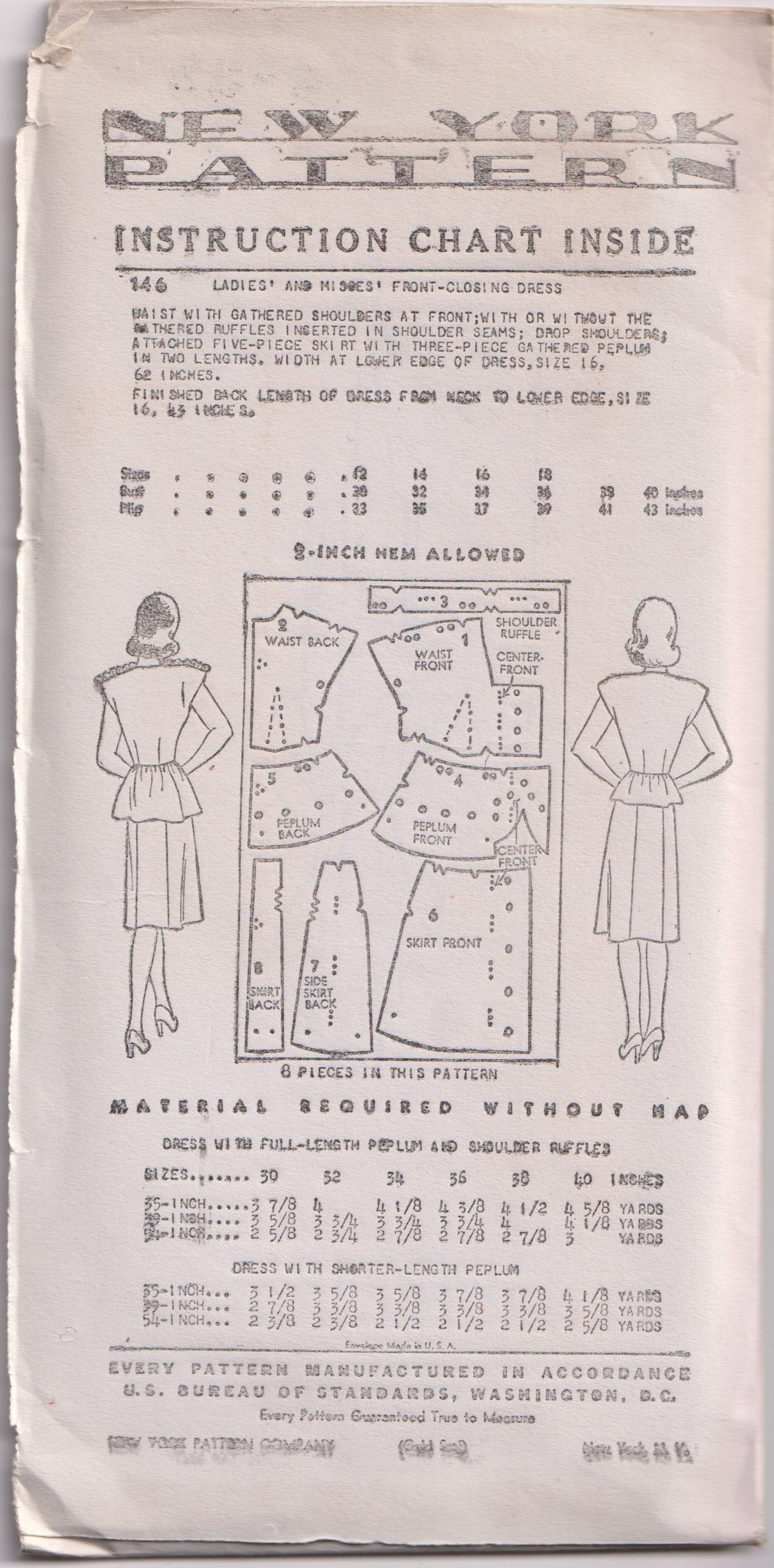 1940's New York Dress with or without Ruffle Shoulders - Bust 32-36" - No. 146