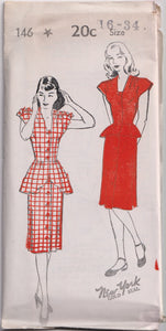 1940's New York Dress with or without Ruffle Shoulders - Bust 32-36" - No. 146