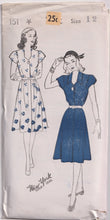 1940's New York Fly Front Closing Dress with Cap Sleeves - Bust 30-36" - No. 151