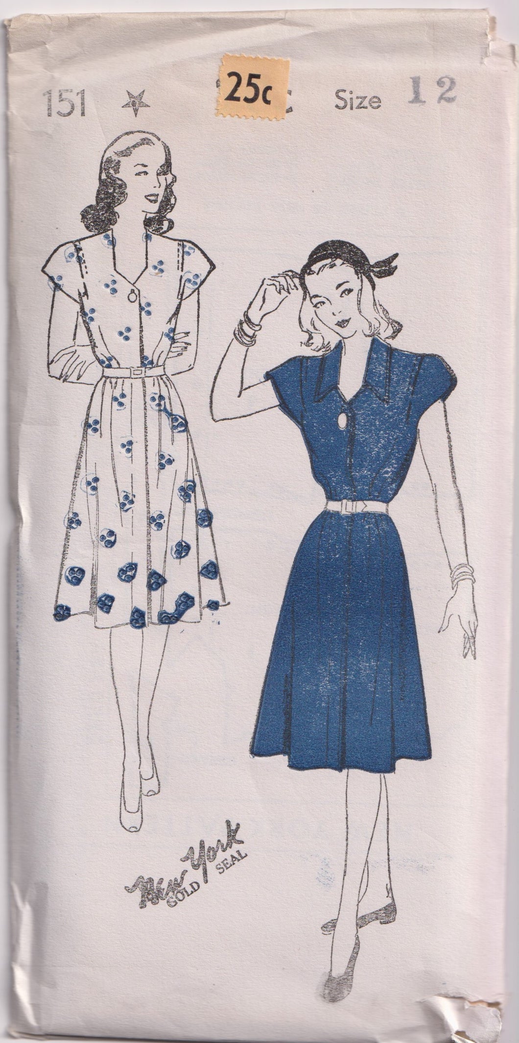 1940's New York Fly Front Closing Dress with Cap Sleeves - Bust 30-36