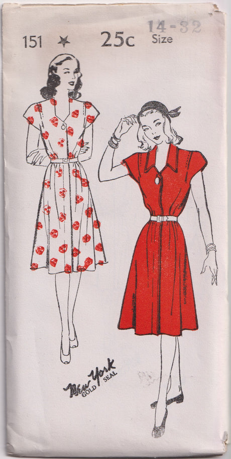 1940's New York Fly Front Closing Dress with Cap Sleeves - Bust 30-36" - No. 151