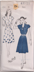 1940's New York Fly Front Closing Dress with Cap Sleeves - Bust 30-36" - No. 151