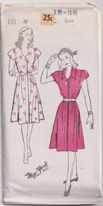 1940's New York Fly Front Closing Dress with Cap Sleeves - Bust 30-36" - No. 151