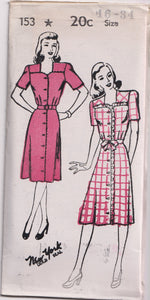 1940's New York Front Closing Dress Pattern with inset Yokes - Bust 32-36" - No. 153