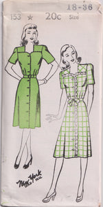 1940's New York Front Closing Dress Pattern with inset Yokes - Bust 32-36" - No. 153