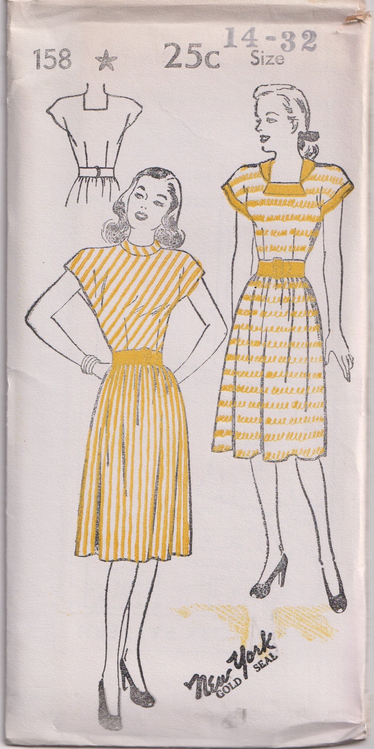 1940's New York One Piece Dress with Detailed Collar and Drop Shoulders - Bust 32-36" - No. 158