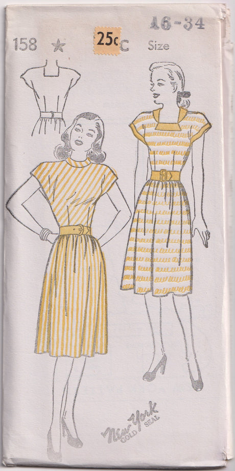 1940's New York One Piece Dress with Detailed Collar and Drop Shoulders - Bust 32-36" - No. 158