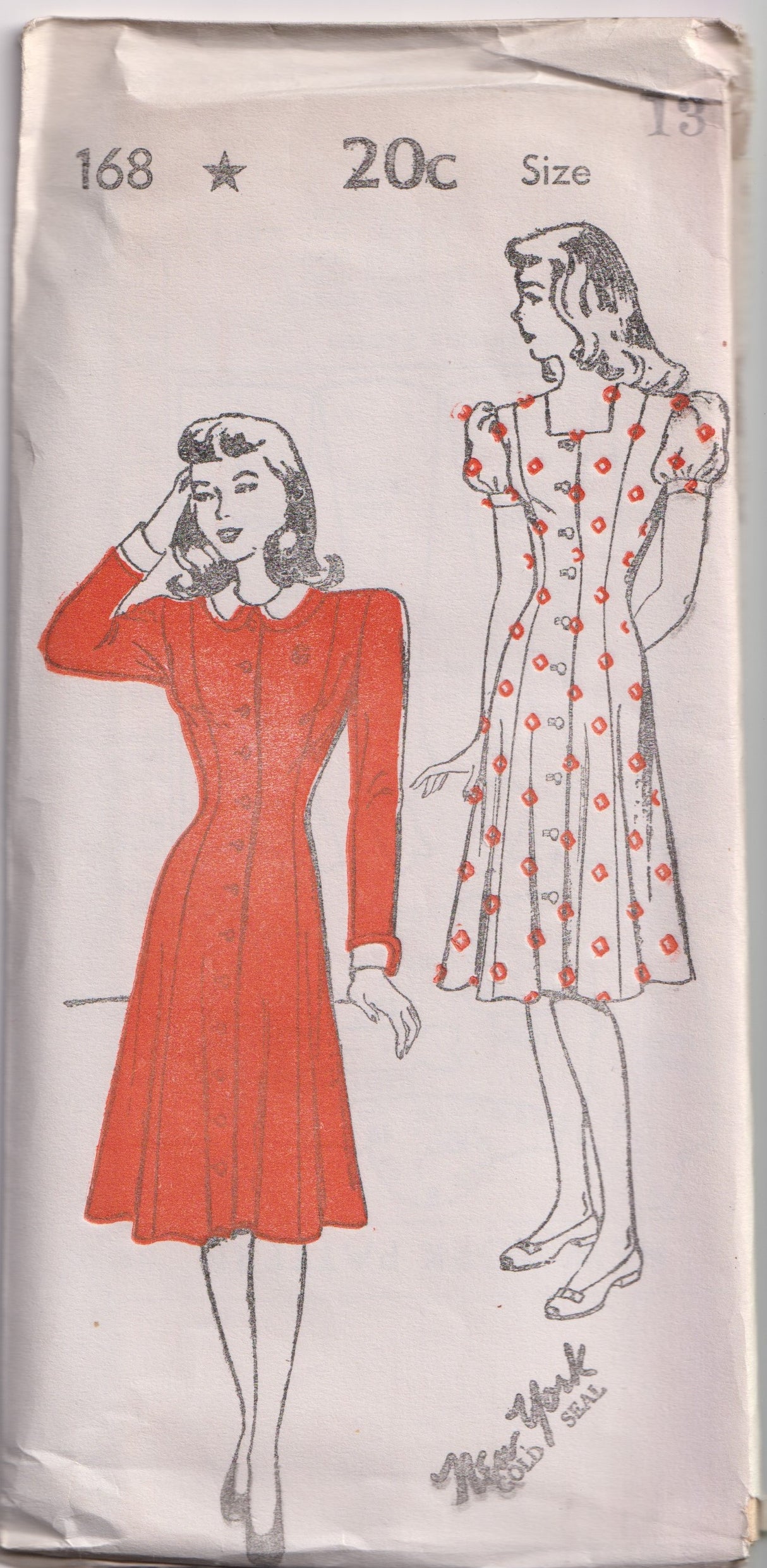 1940's New York Front Closing Dress with long sleeves or puff sleeves - Bust 31-35" - No. 168