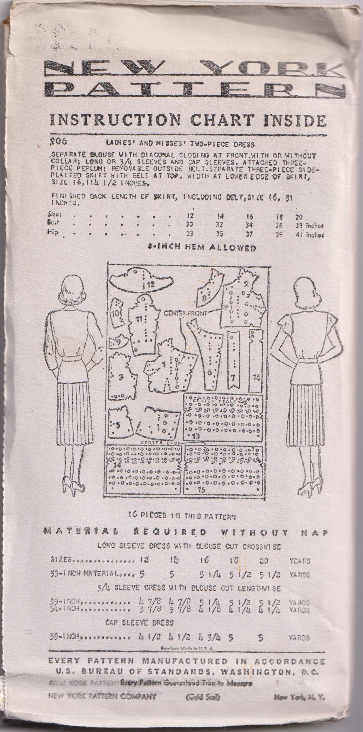 1940's New York Two Piece Dress Pattern with Pleated Skirt- Bust 32-34" - No. 206