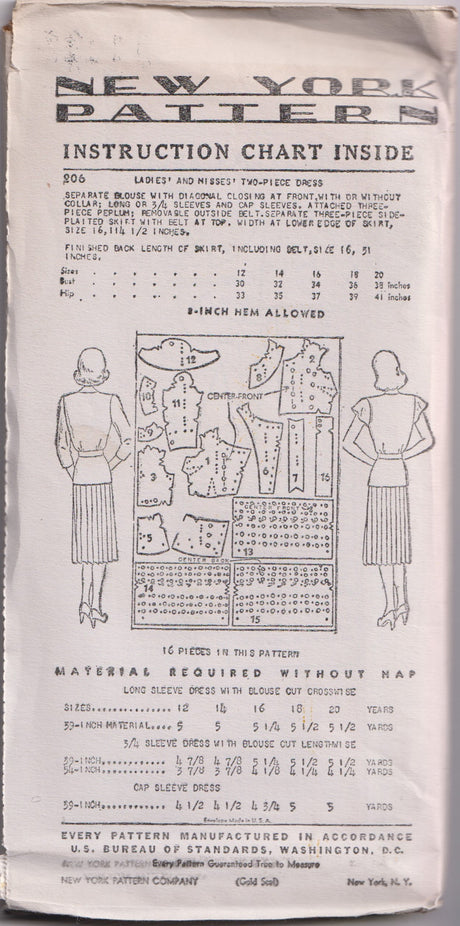 1940's New York Two Piece Dress Pattern with Pleated Skirt- Bust 32" - No. 206