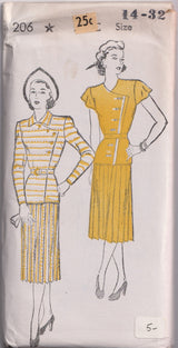 1940's New York Two Piece Dress Pattern with Pleated Skirt- Bust 32-34" - No. 206