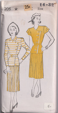 1940's New York Two Piece Dress Pattern with Pleated Skirt- Bust 32-34