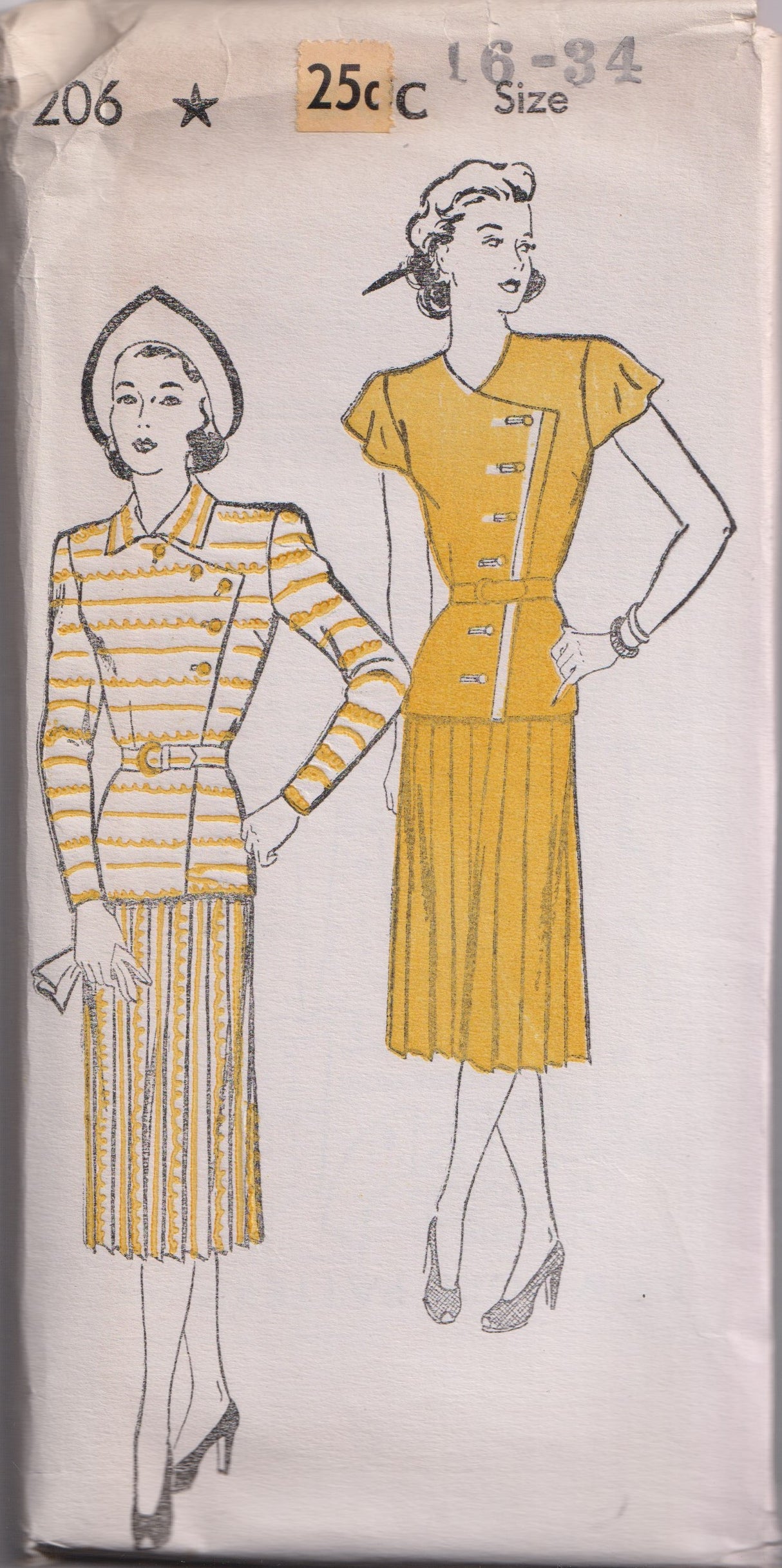 1940's New York Two Piece Dress Pattern with Pleated Skirt- Bust 32-34" - No. 206