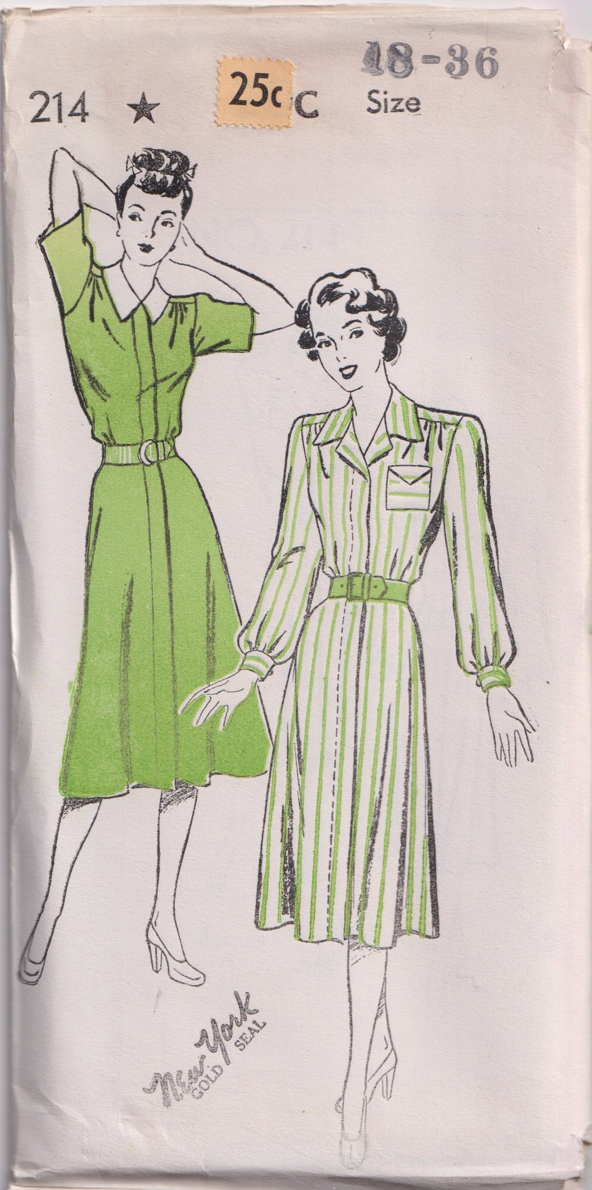 1940's New York One-Piece Front Closing Dress with Patch Pocket - Bust 32-36" - No. 214