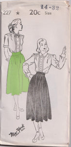 1940's New York Gathered Skirt and Button Up Pin Tuck Blouse Pattern - Bust 30-34" - No. 227