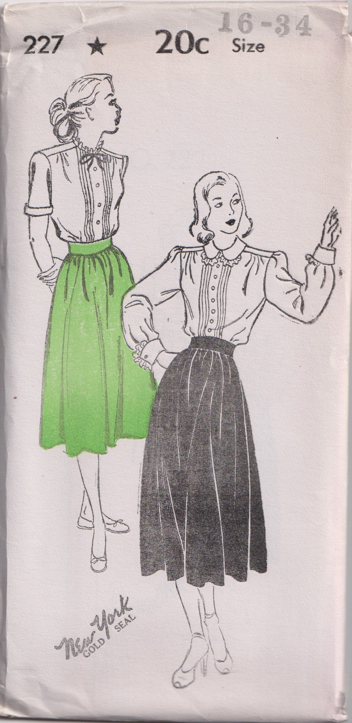 1940's New York Gathered Skirt and Button Up Pin Tuck Blouse Pattern - Bust 30-34" - No. 227