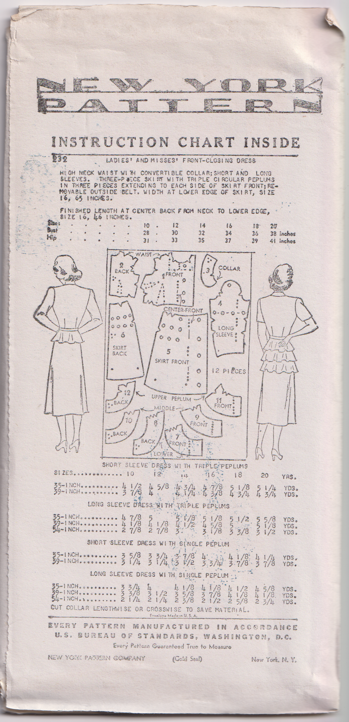 1940's New York Front Closing Dress with Single or Triple Peplum - Bust 30-34" - No. 232