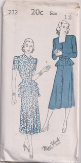 1940's New York Front Closing Dress with Single or Triple Peplum - Bust 30-34" - No. 232