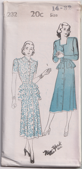 1940's New York Front Closing Dress with Single or Triple Peplum - Bust 30-34" - No. 232