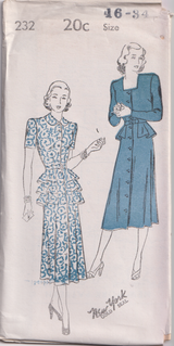 1940's New York Front Closing Dress with Single or Triple Peplum - Bust 30-34" - No. 232