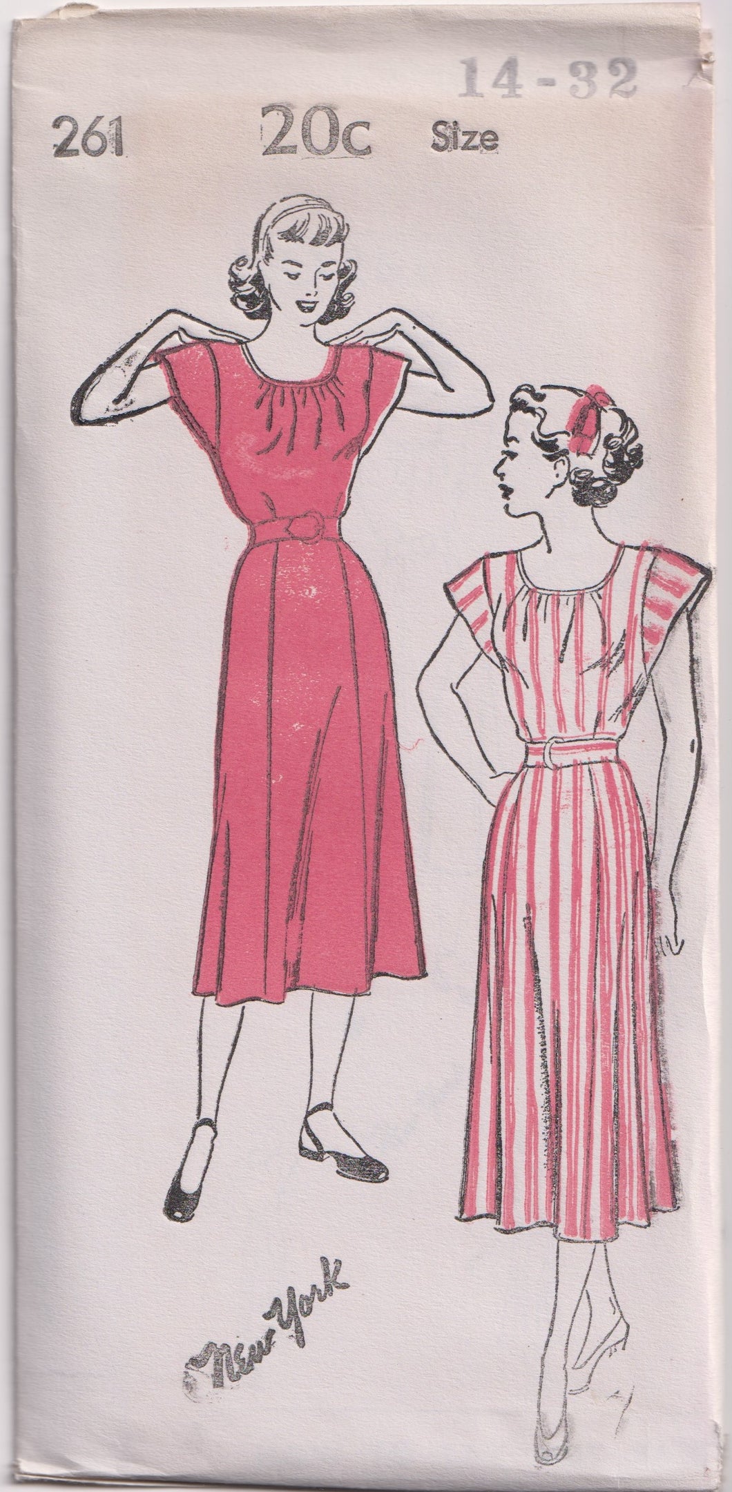 1940's New York Gathered Front Dress with Cap Sleeves - Bust 32-38