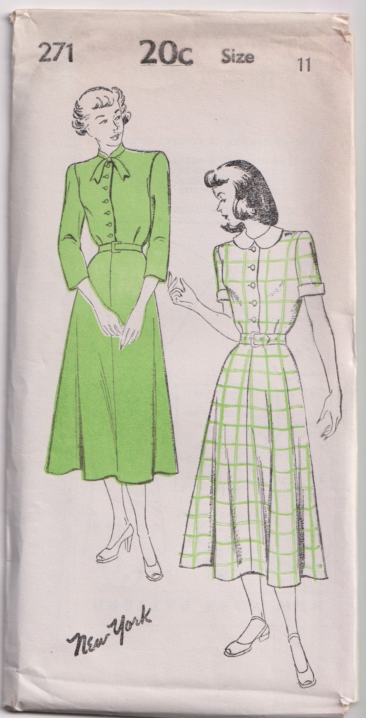 1940's New York Shirt Waist Dress Pattern with short or 3/4 sleeves  - Bust 29-33" - No. 271