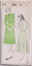 1940's New York Shirt Waist Dress Pattern with short or 3/4 sleeves  - Bust 29-33" - No. 271