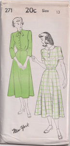 1940's New York Shirt Waist Dress Pattern with short or 3/4 sleeves  - Bust 29-33" - No. 271