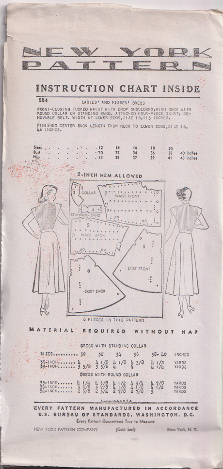 1940's New York Shirtwaist Dress with Pin tucked Front and Back Bodice pattern - Bust 32-38" - No. 284